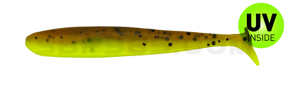 Bass Shad 2,5" (ca. 7 cm) fluogelb  / olivebraun-Glitter