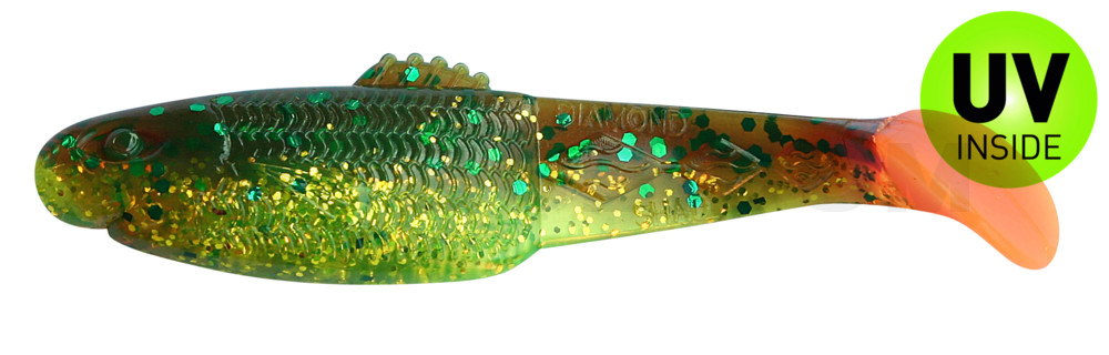 Diamond Shad 5" (ca. 13,5 cm) im Original Relax ZIP BAG grün (chartreuse)-Glitter / motoroil Glitter / orange tail