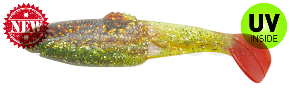 Diamond Shad 5" (ca. 13,5 cm) im Original Relax ZIP BAG grün (chartreuse)-Glitter / motoroil Glitter / red tail
