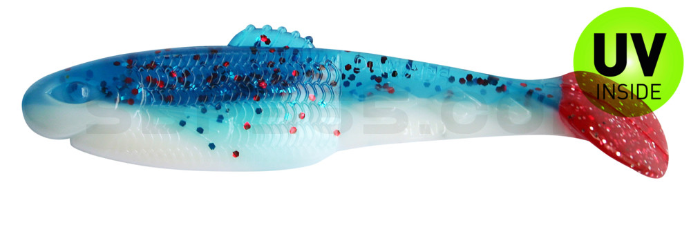 Diamond Shad 5" (ca. 13,5 cm) im Original Relax ZIP BAG reinweiss / klar blau Glitter / red tail