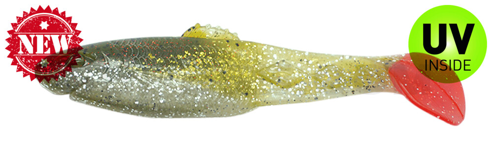 Diamond Shad 5" (ca. 13,5 cm) im Original Relax ZIP BAG selbstleuchtend Glitter / Kaulbarsch / red Tail