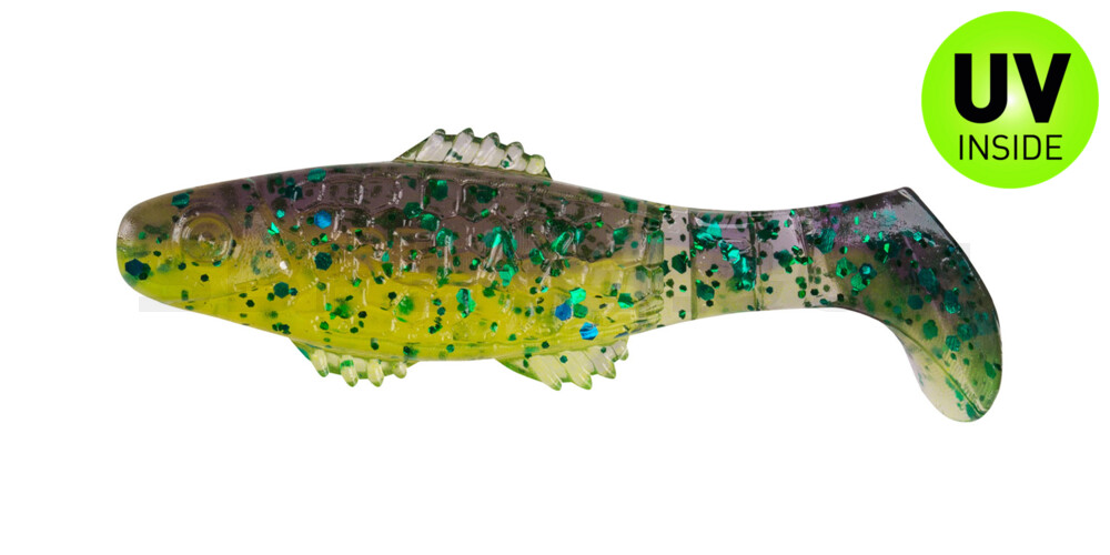 Killer Shad 2" (ca. 5,0 cm) grün (chartreuse)-Glitter / blau-violett Glitter