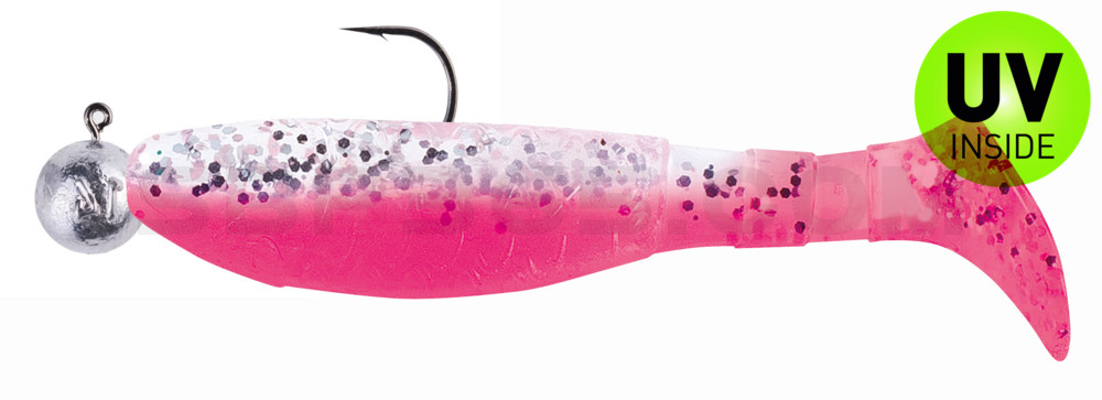 Kopyto-Classic 3" (ca. 8,0 cm) bubblegum / klar silber Glitter, montiert auf SXRO 4/0 10g