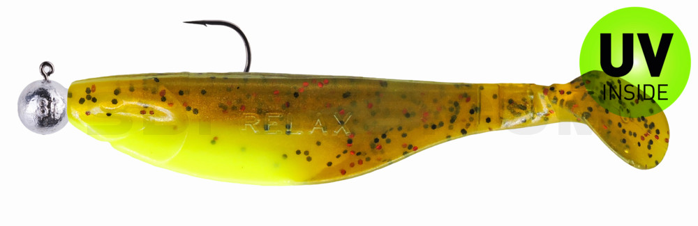 Kopyto-River 4" (ca. 12,0 cm) fluogelb  / olivebraun-Glitter, montiert auf SXRO 6/0 10g