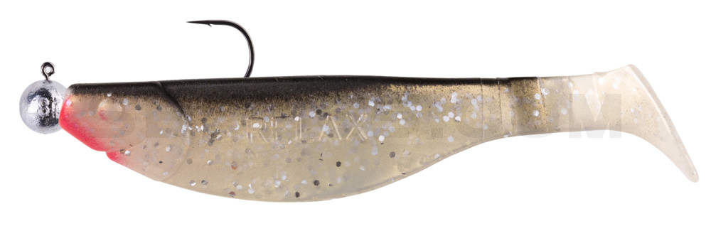 Kopyto-River 4" (ca. 12,0 cm) goldperl-Glitter / schwarz; montiert auf SXRO 6/0 10g