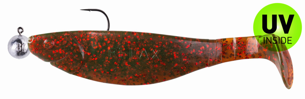 Kopyto-River 4" (ca. 12,0 cm) motoroil-rot-Glitter, montiert auf SXRO 6/0 10g