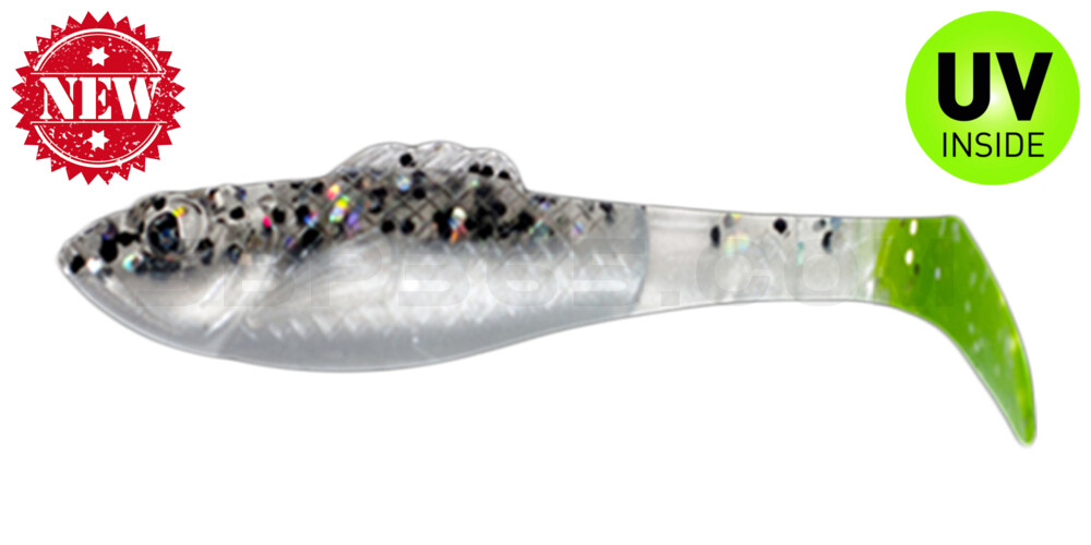 Super Shad 3" (ca. 8 cm) perlweiss / klar salt´n pepper Glitter / lime tail