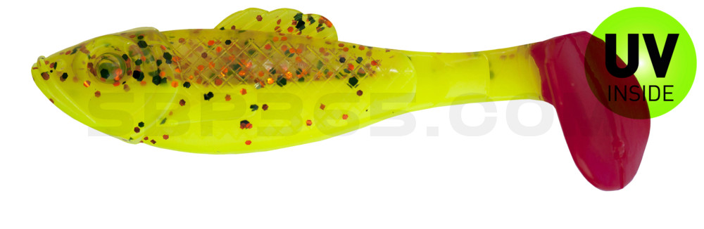 Super Shad 4" (ca. 11 cm) fluogelb  / klar kupfer, schwarz Glitter / red tail