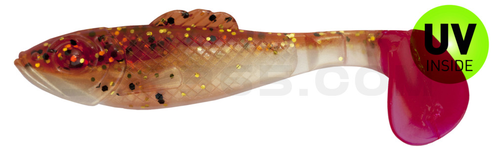 Super Shad 4" (ca. 11 cm) goldperl / motoroil Glitter / red tail