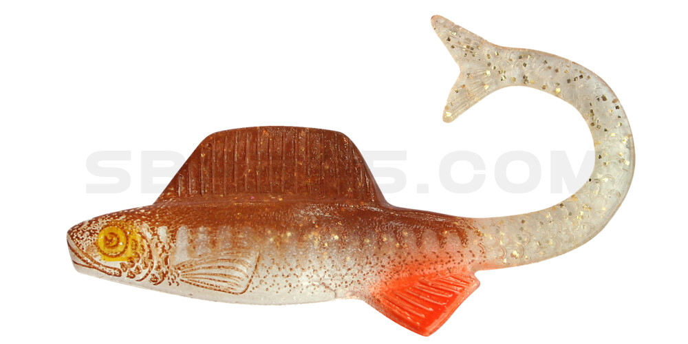 Supernatural Shad Grub 1" (ca. 3,5 cm) klar gold Glitter / Zander braun / Bauch: weiß