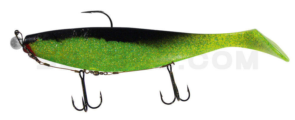 Xtra-Soft 9" (ca. 23,0 cm) grün (chartreuse) glitter / schwarz, montiert auf MUXRO 12/0 20g