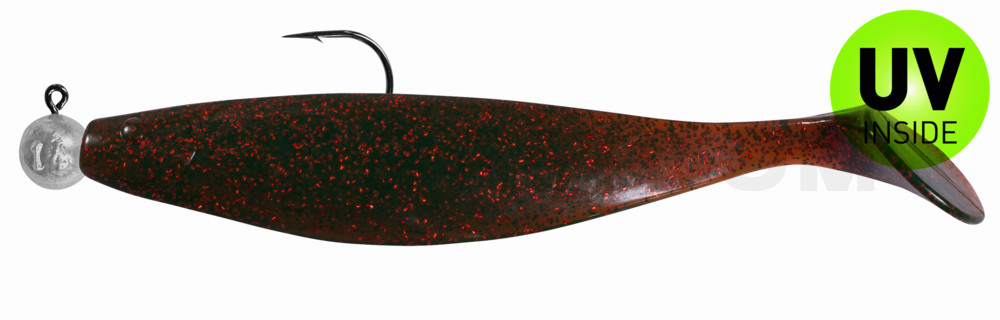 Xtra-Soft 9" (ca. 23,0 cm) motoroil-rot-Glitter, montiert auf MUXRO 12/0 20g, mit Beihänger-System