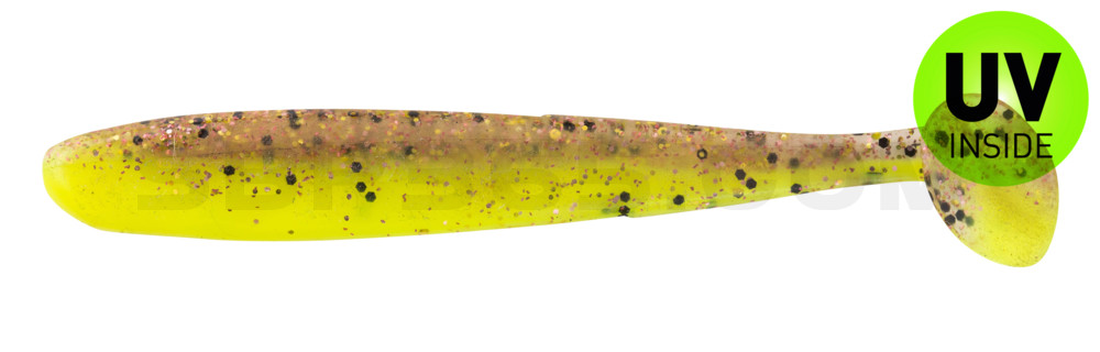 Bass Shad 3“ (ca. 9 cm) fluogelb  / klar kupfer, schwarz Glitter