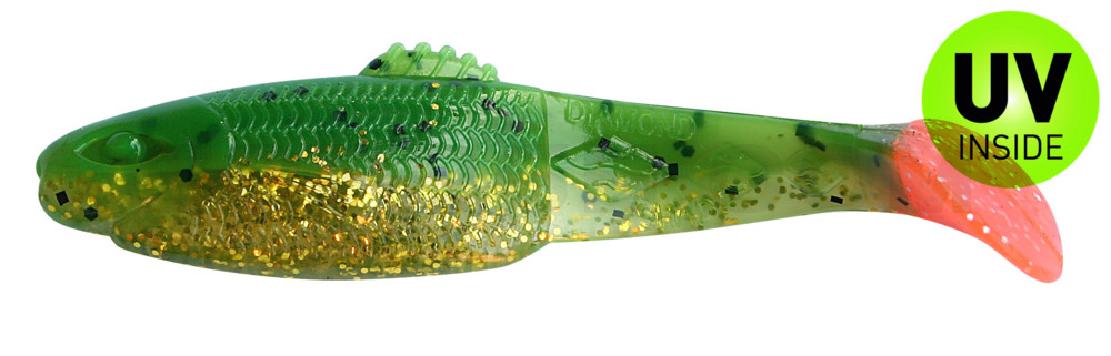 Diamond-Shad 2,5" (ca. 7,0 cm) dunkelgrün Glitter  / klar gold Glitter / red tail