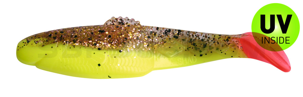 Diamond-Shad 2,5" (ca. 7,0 cm) fluogelb  / klar kupfer, schwarz Glitter / red tail