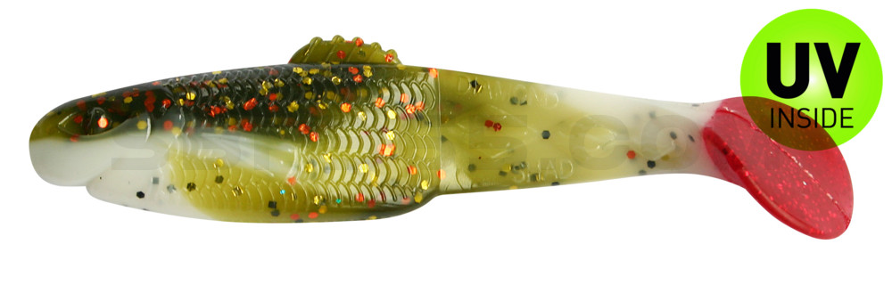 Diamond-Shad 2,5" (ca. 7,0 cm) reinweiss / olive-tree-Glitter / red tail