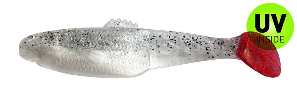 Diamond Shad 3,5" (ca. 10,0 cm) perlweiss / klar salt´n pepper Glitter / red tail