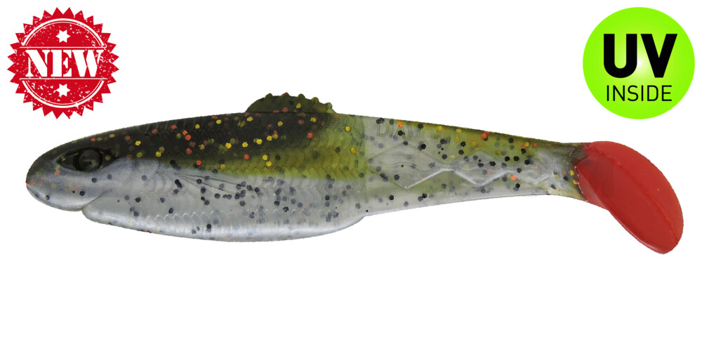 Diamond Shad 5" (ca. 13,5 cm) reinweiss / olive-tree-Glitter / red tail