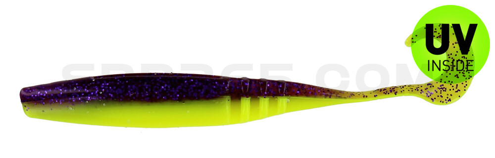Jointed Jerk Minnow Curl Tail 5.5" (ca. 13 cm) im Zip Bag Purple Glitter/ Opaque Chartreuse