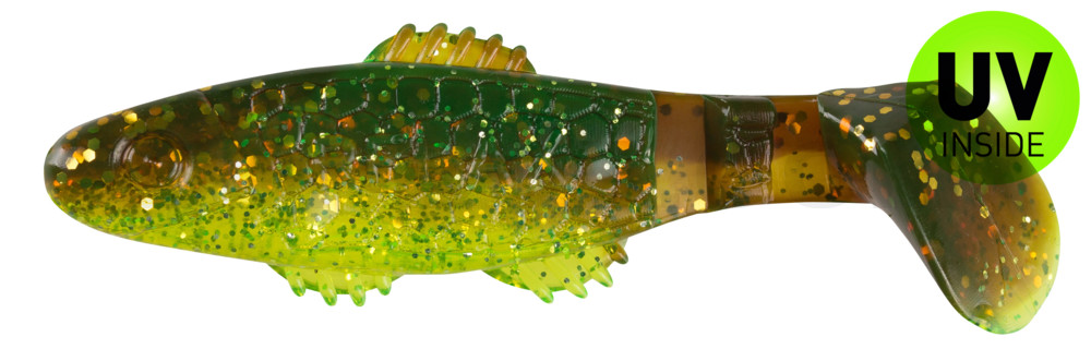 Killer Shad 3" (ca. 8,0 cm) grün (chartreuse)-Glitter / motoroil Glitter