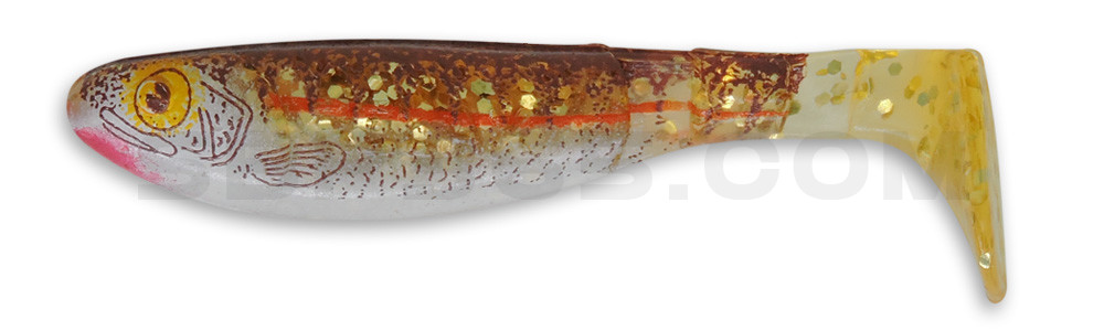 Kopyto-Nature 2,5" (ca.7,0 cm) klar gold Glitter / Zander braun / Bauch: weiß
