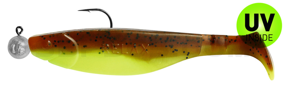 Kopyto-River 5" (ca. 14,0 cm) fluogelb  / olivebraun-Glitter, montiert auf MUXRO 8/0 15g