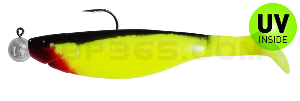 Kopyto-River 5" (ca. 14,0 cm) fluogelb / schwarz; montiert auf MUXRO 8/0 15g