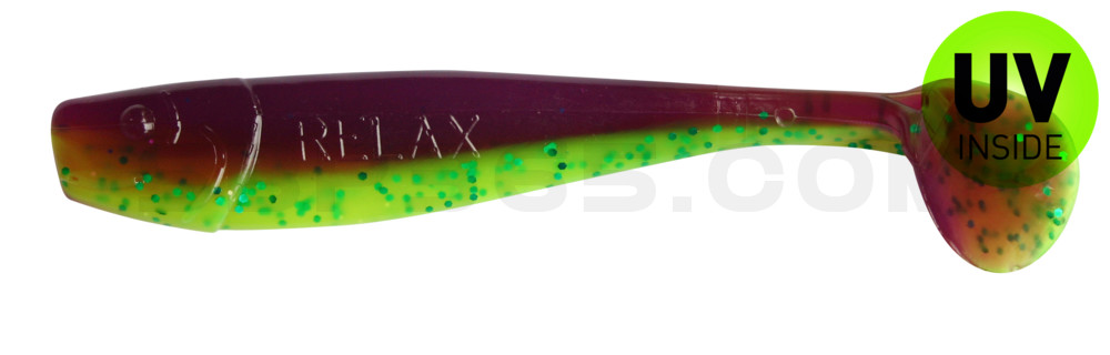 King-Shad 5" (ca. 14,0cm) im Original Relax ZIP BAG grün (chartreuse)-Glitter / blau-violett Glitter
