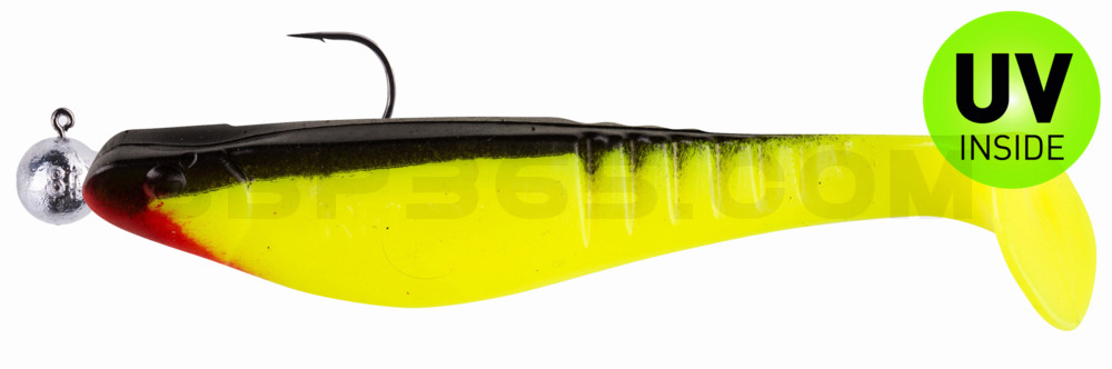 Shark 4" (ca. 11,0 cm) fluogelb / schwarz, montiert auf SXRO 6/0 10g