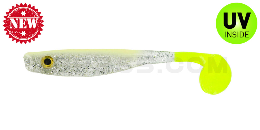 Suicide Shad 3,5" (ca. 9 cm) im Hartschalenblister Bone Silver Glitter/Chart Tail
