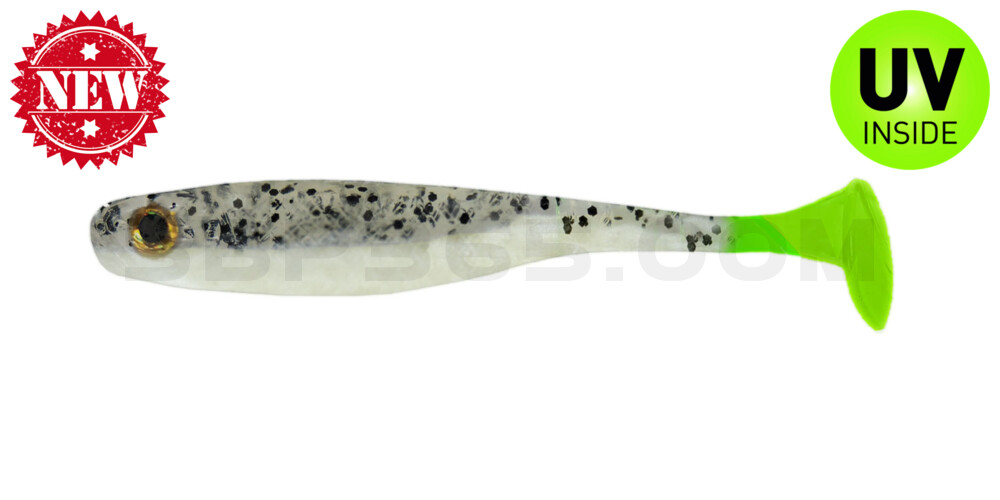 Suicide Shad 3,5" (ca. 9 cm) im Hartschalenblister perlweiss / klar salt´n pepper Glitter / Lime Tail