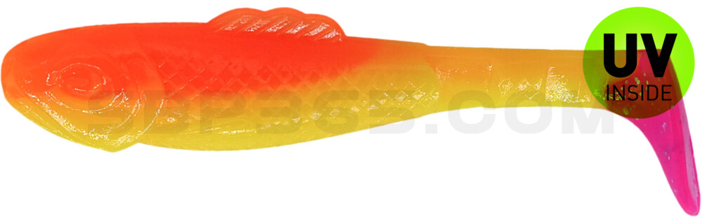Super Shad 3" (ca. 8 cm) fluogelb  / orange-silber Glitter / pink tail