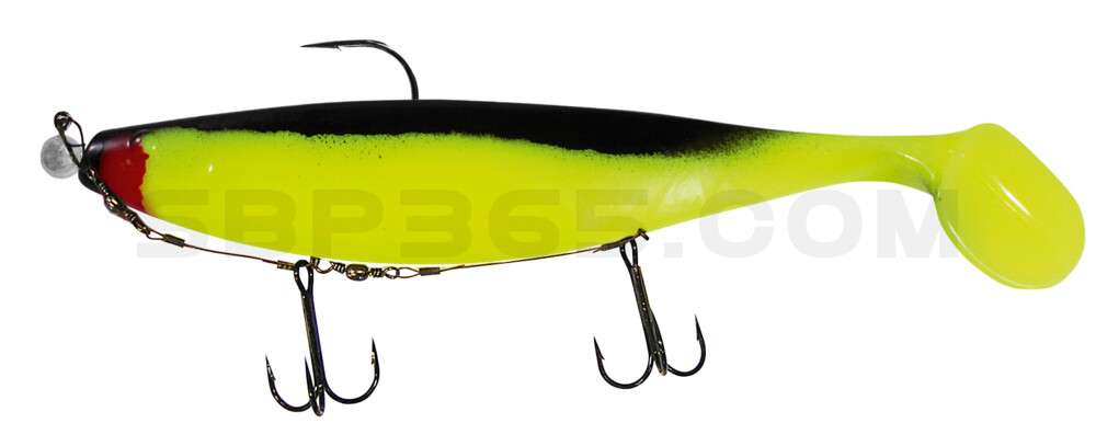 Xtra-Soft 9" (ca. 23,0 cm) fluogelb / schwarz, montiert auf MUXRO 12/0 15g, mit Beihänger-System