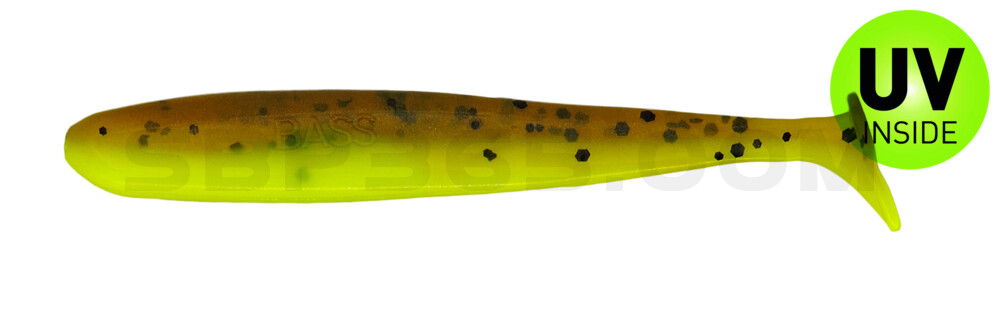 Bass Shad 3“ (ca. 7,5 cm) fluogelb  / olivebraun-Glitter